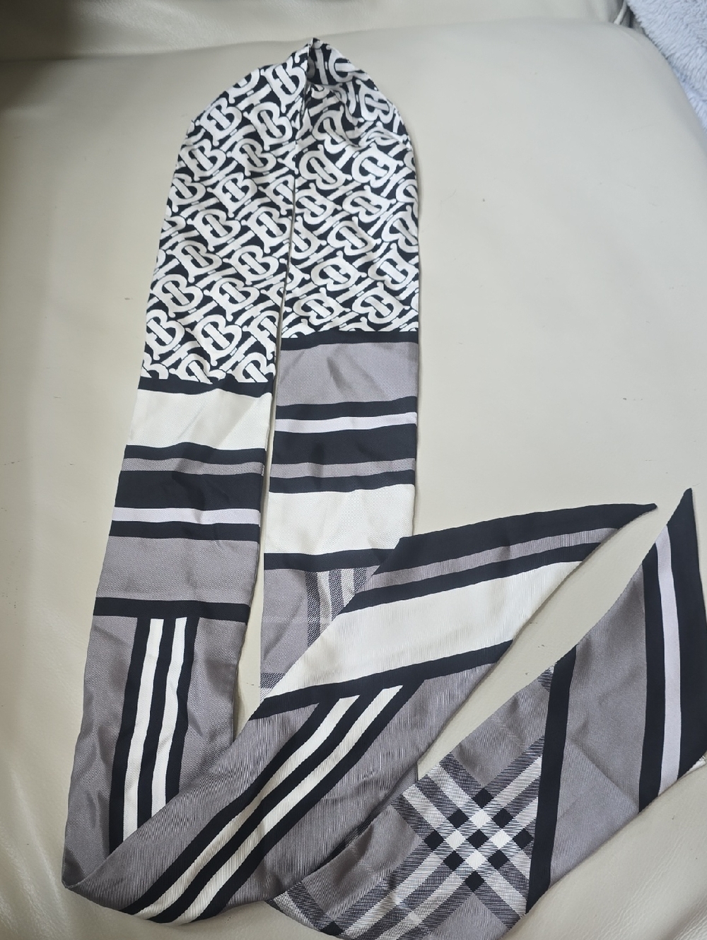 Burberry Black, White & Gray Striped Silk Skinny Scarf